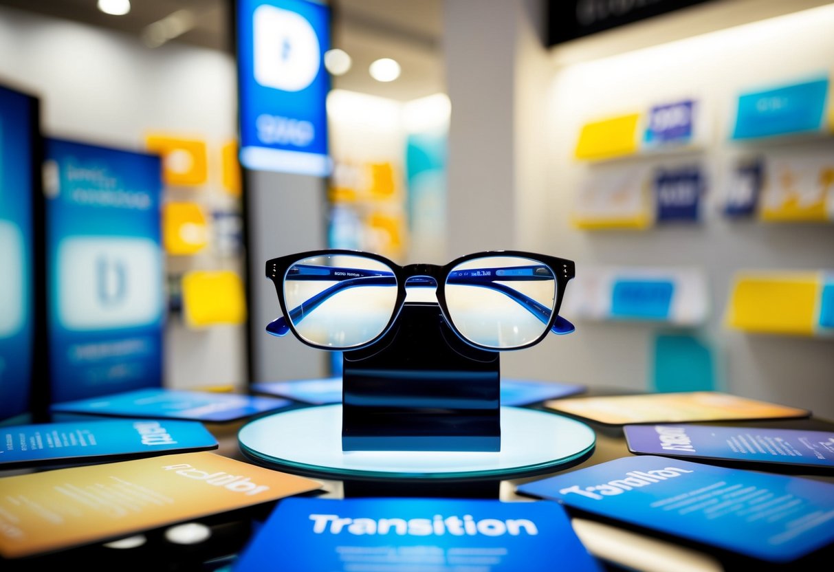 A pair of glasses with transition lenses sits on a sleek display stand, surrounded by promotional materials and bright, eye-catching signage