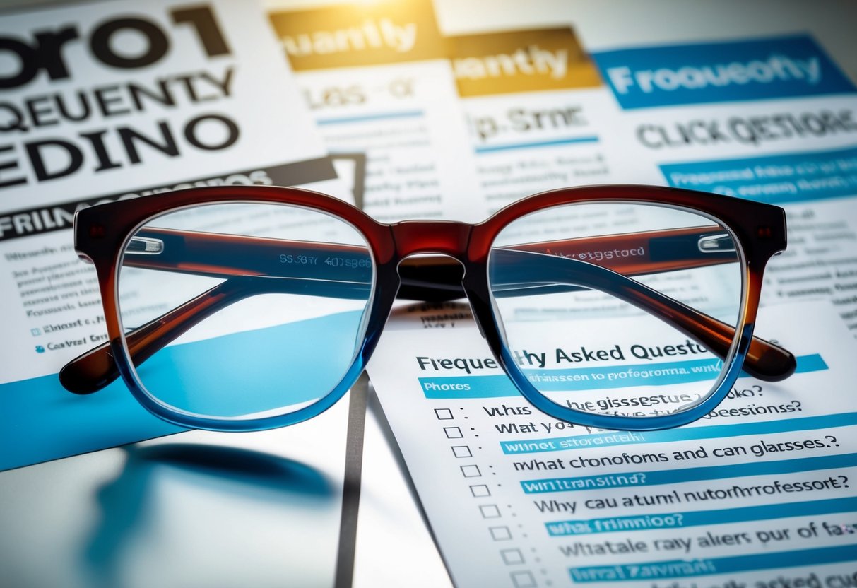 A pair of glasses transitions from clear to tinted, surrounded by promotional banners and a list of frequently asked questions