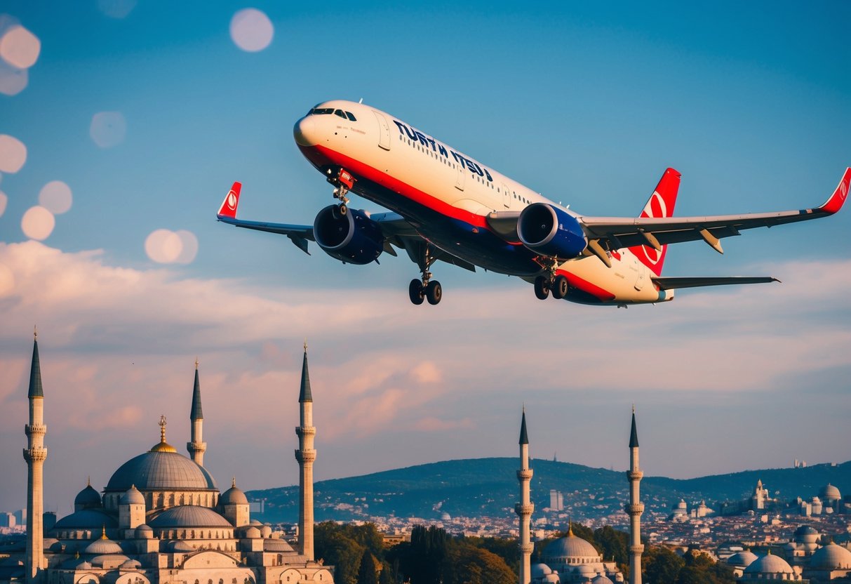 A vibrant airplane soaring above iconic Turkish landmarks
