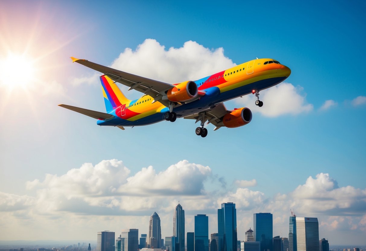 A colorful airplane soaring above a city skyline with a bright sun and fluffy white clouds in the background