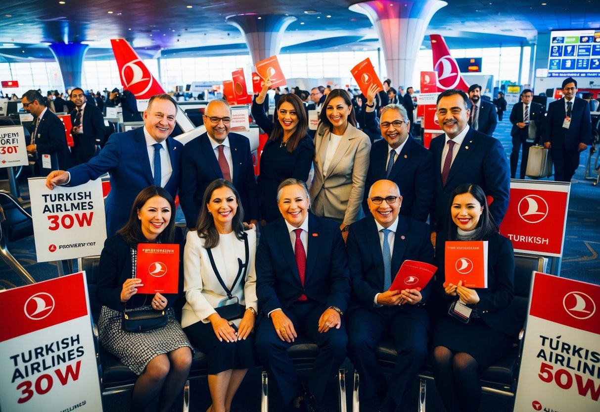 Passengers enjoying a discounted Turkish Airlines flight together, surrounded by promotional materials and a vibrant airport atmosphere