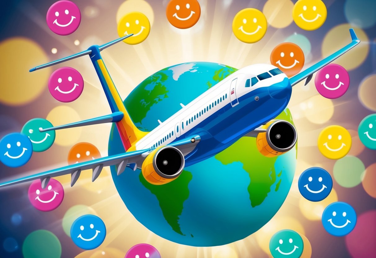 A vibrant airplane flying over a globe surrounded by colorful miles and smiles icons