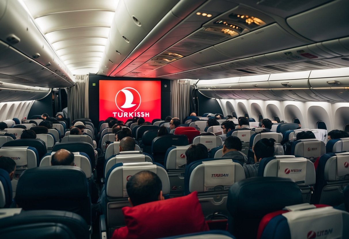 A crowded airplane cabin with passengers seated, luggage stowed, and a prominent Turkish Airlines logo displayed