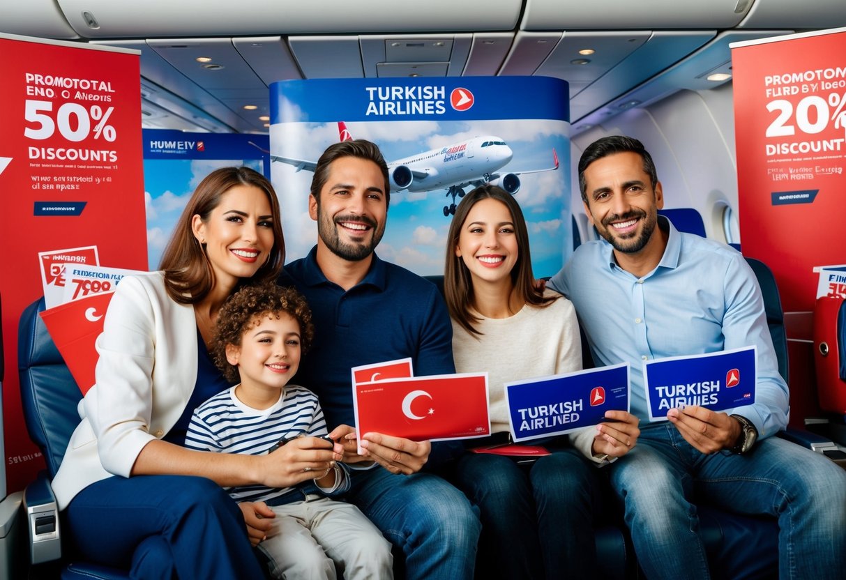 A happy family of four enjoys a Turkish Airlines flight, surrounded by promotional banners and discounts