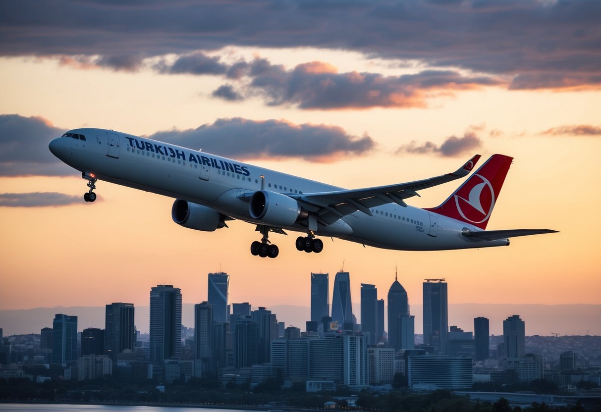 A sleek Turkish Airlines plane flying above a city skyline at sunset, with a prominent "Business Class Special Deal" banner