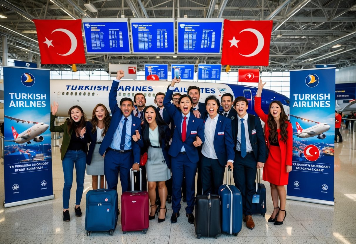A group of students excitedly boarding a Turkish Airlines plane, with promotional banners and signs displayed throughout the airport