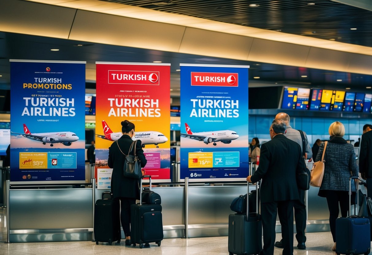 Passengers browsing through colorful posters of Turkish Airlines promotions at a bustling airport terminal