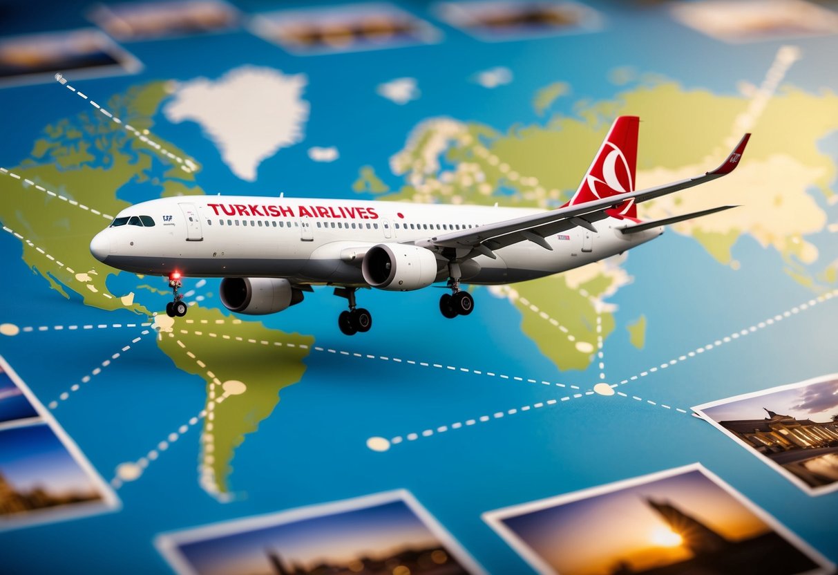 A plane flying over a map with dotted lines connecting various destinations, surrounded by images of travel destinations and a Turkish Airlines logo