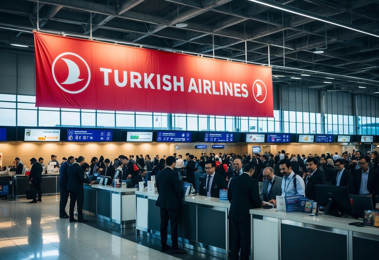 A crowded airport terminal with a large Turkish Airlines promotions banner hanging above a line of people at a customer service desk