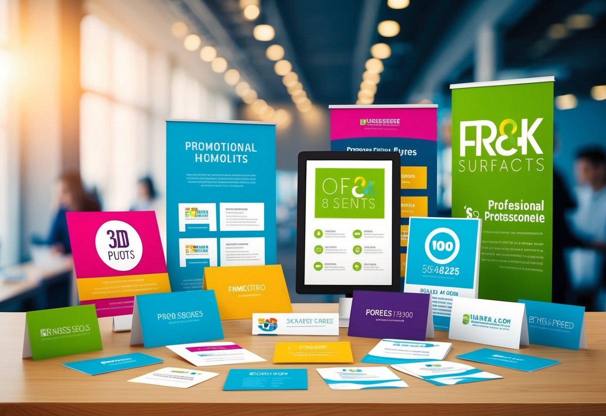 A vibrant display of various promotional materials, including business cards, flyers, and banners, arranged in an eye-catching and professional manner
