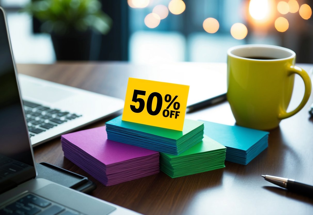 A stack of colorful business cards with a "50% off" sticker on a desk, surrounded by a laptop, pen, and coffee mug