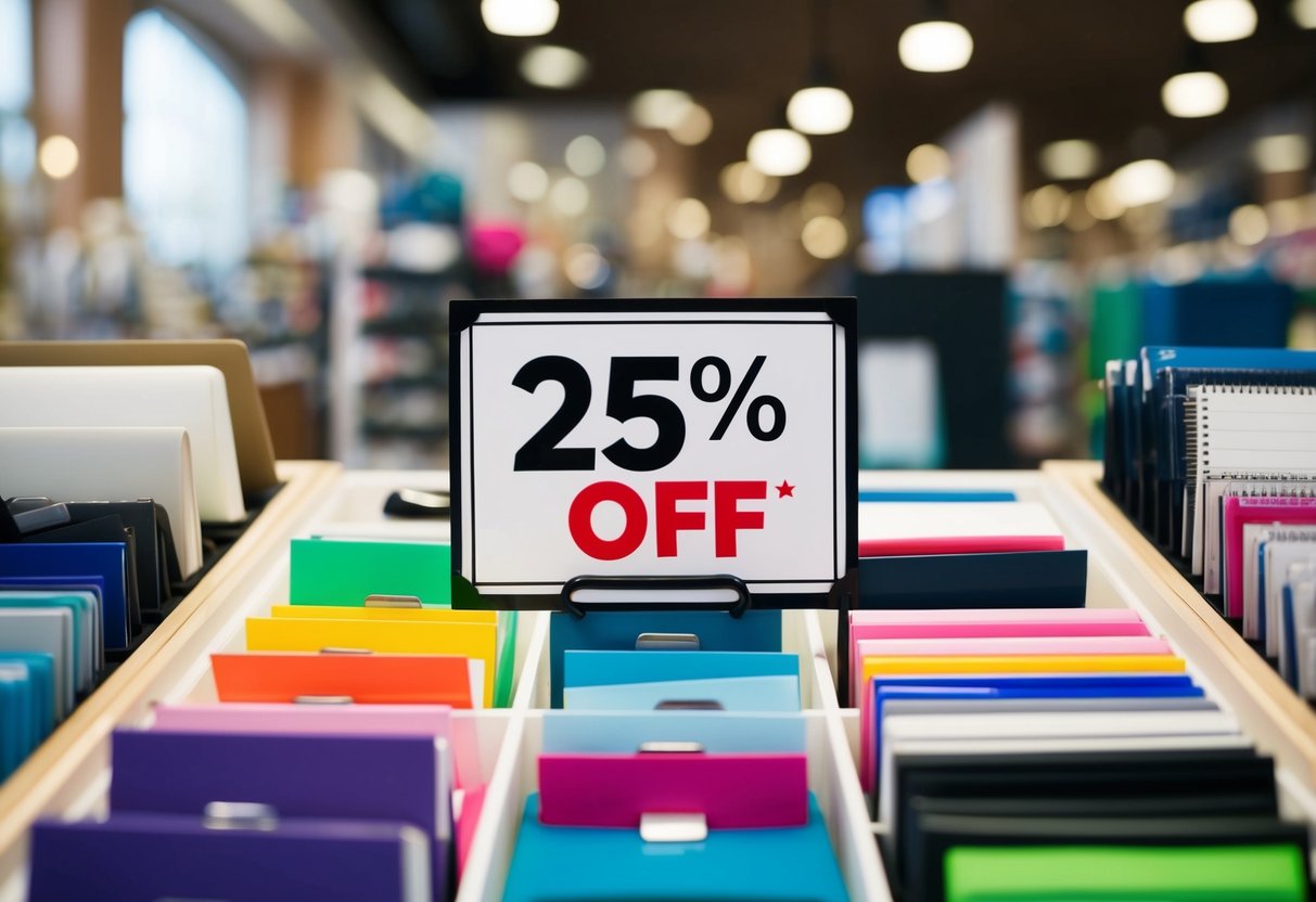 A display of various stationery items with a prominent "25% off" sign