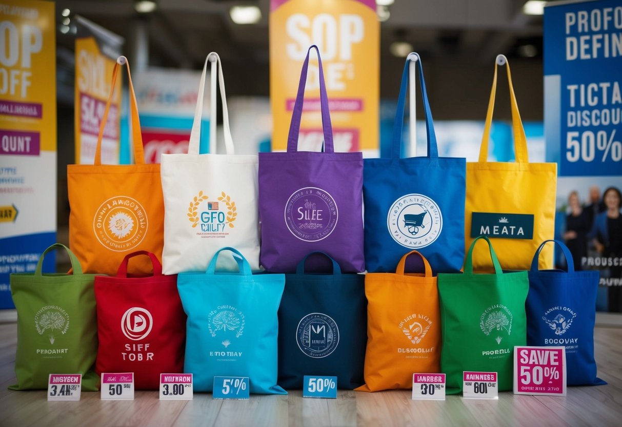 A colorful array of tote bags with various designs and logos, surrounded by promotional banners and discount signs