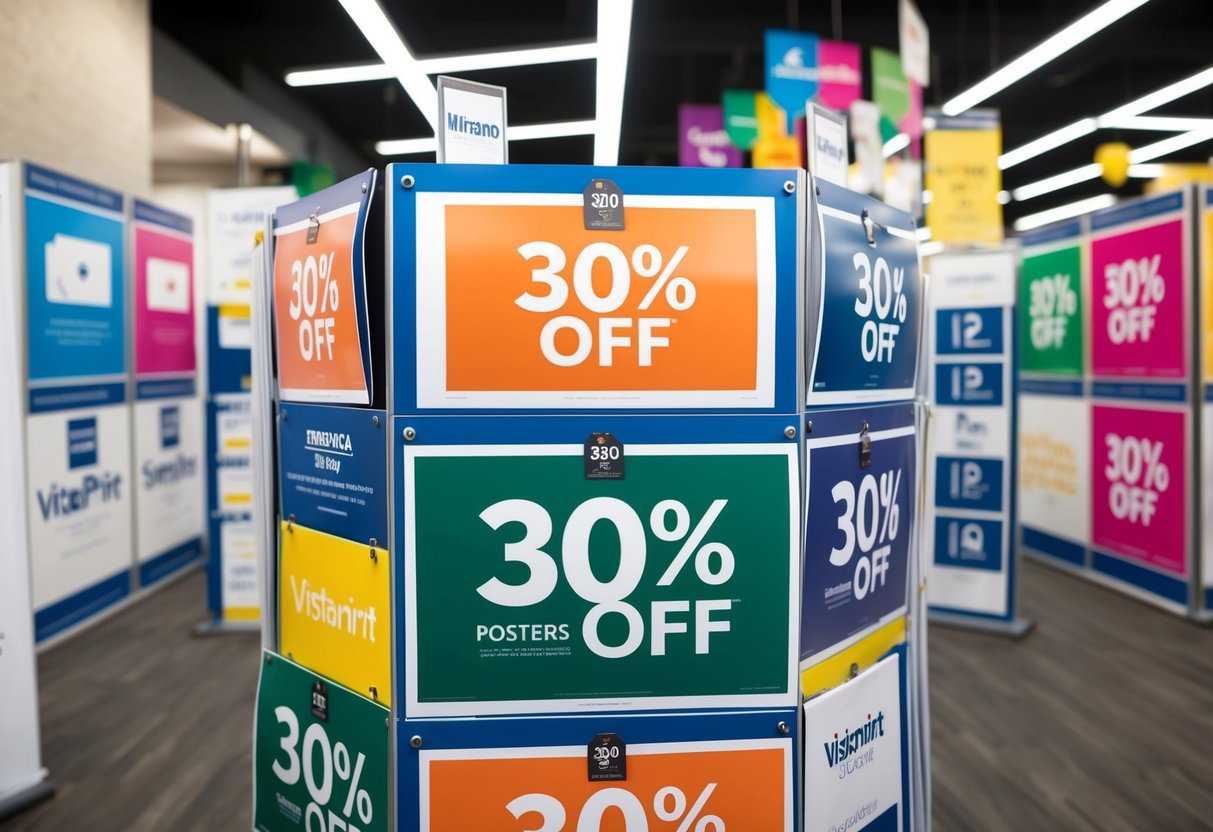 A colorful display of posters with "30% off" tags, surrounded by promotional banners and signs at a Vistaprint store