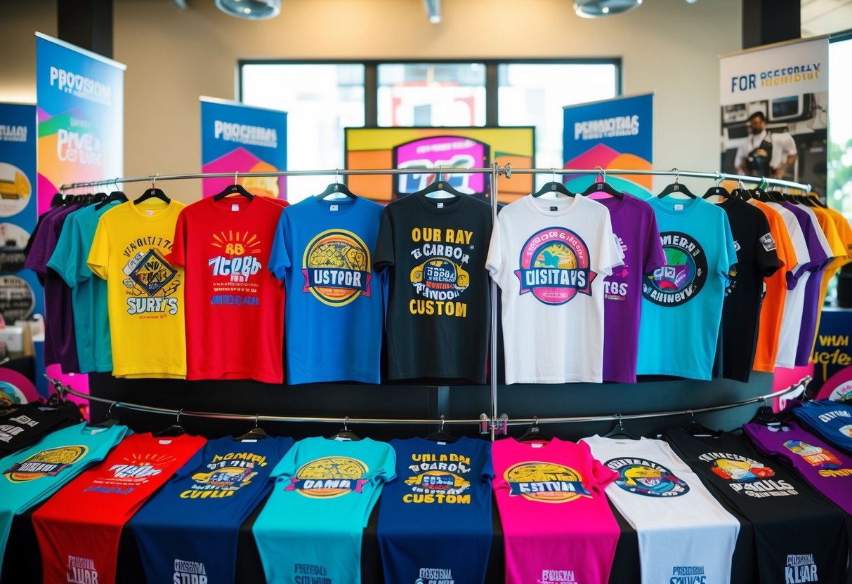 A colorful array of custom T-shirts on display, with vibrant graphics and bold designs, surrounded by promotional banners and signs