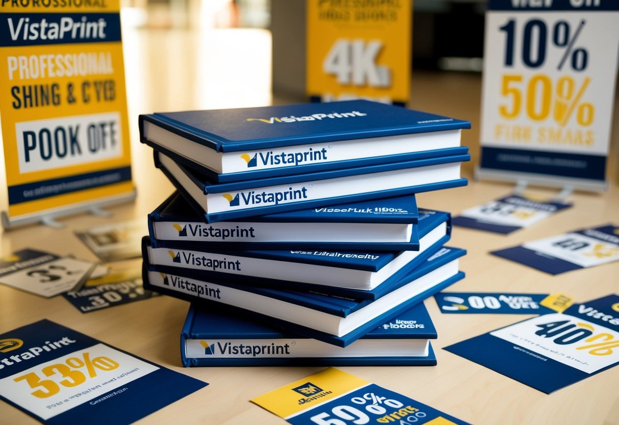 A stack of photo books with Vistaprint logos, surrounded by promotional banners and discount tags