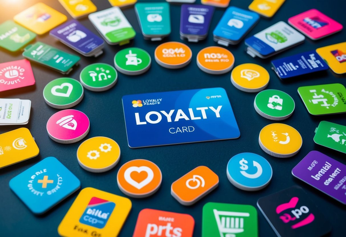 A colorful array of promotional items arranged around a central loyalty card, with vibrant logos and symbols representing various perks and benefits