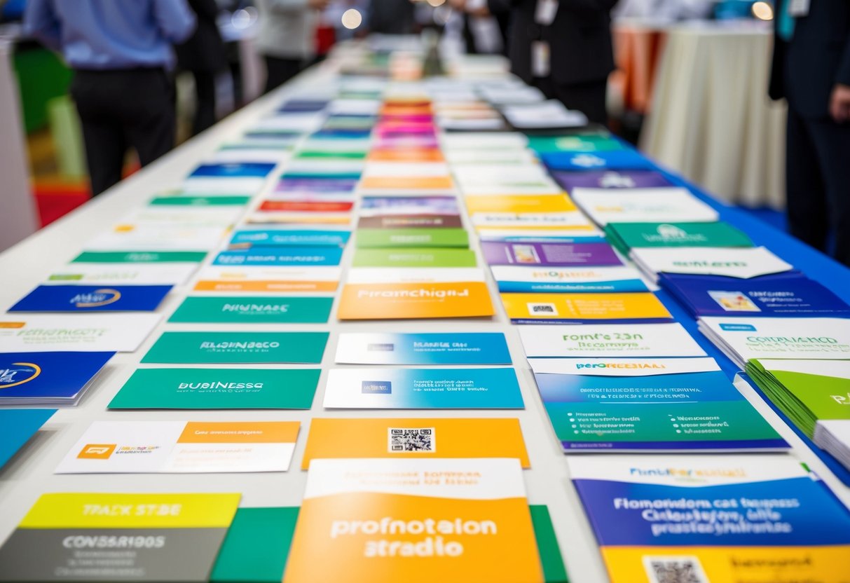 A colorful array of promotional materials, including business cards, flyers, and banners, displayed on a table at a trade show