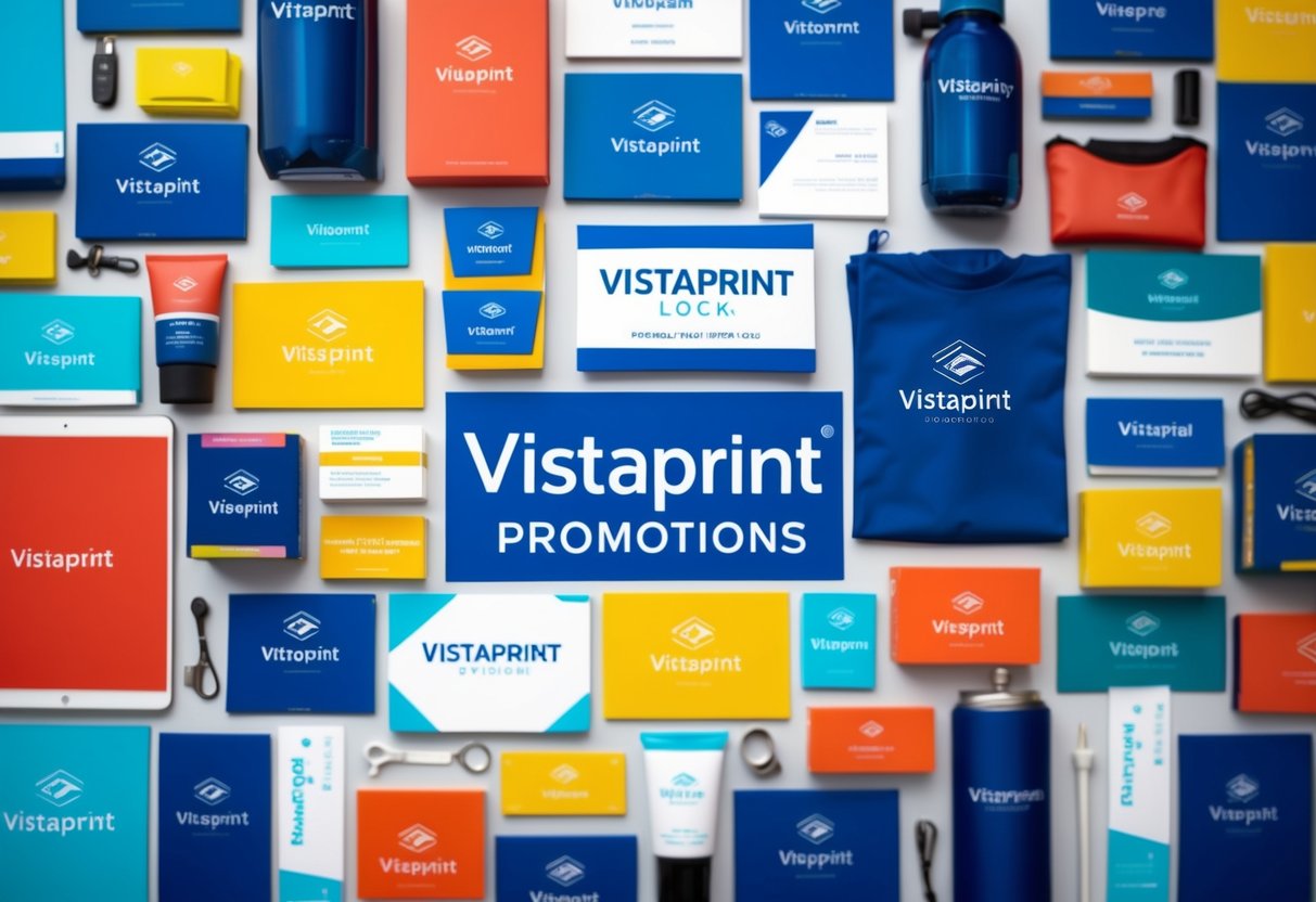 A vibrant collage of branded merchandise, business cards, flyers, and banners showcasing Vistaprint promotions