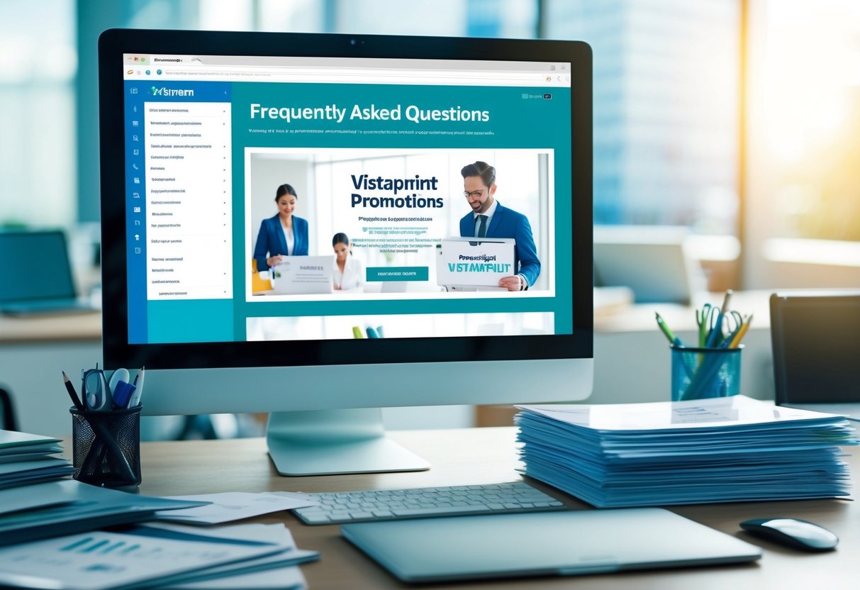 A computer screen showing a webpage with "Frequently Asked Questions" and Vistaprint promotions, surrounded by a stack of promotional materials and office supplies