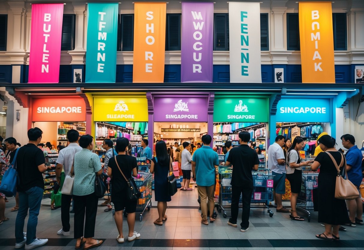 A vibrant storefront in Singapore with colorful banners and a crowd of people browsing merchandise