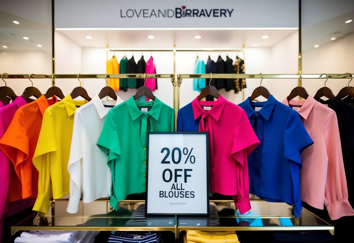 A display of colorful blouses with "20% Off All Blouses" signage at loveandbravery store in Singapore