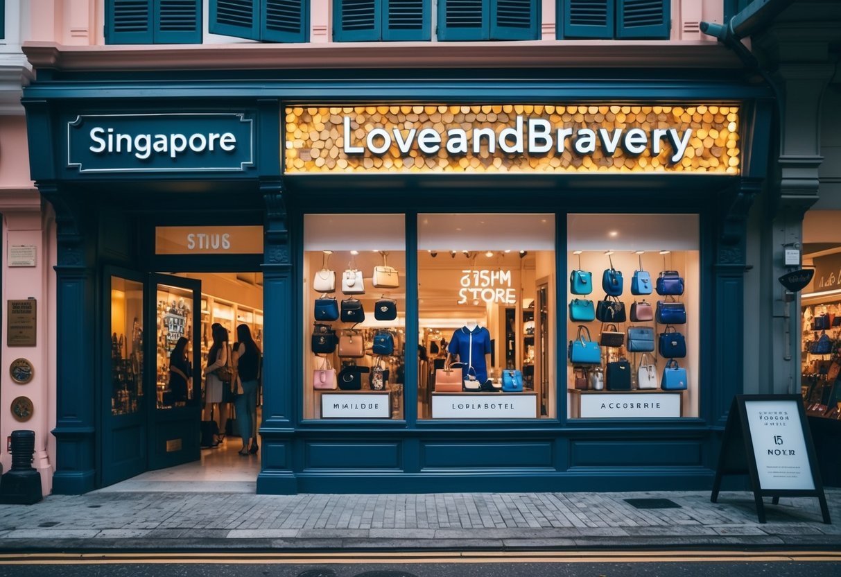 A bustling Singapore street with a colorful display of limited edition accessories outside the LoveandBravery store