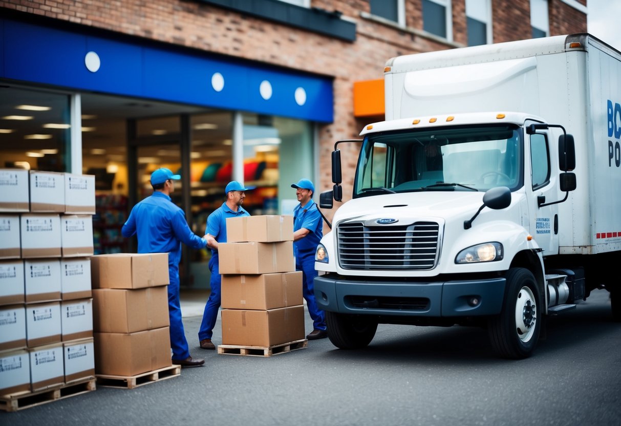 A delivery truck parked outside a bustling store, with a stack of boxes being unloaded by workers