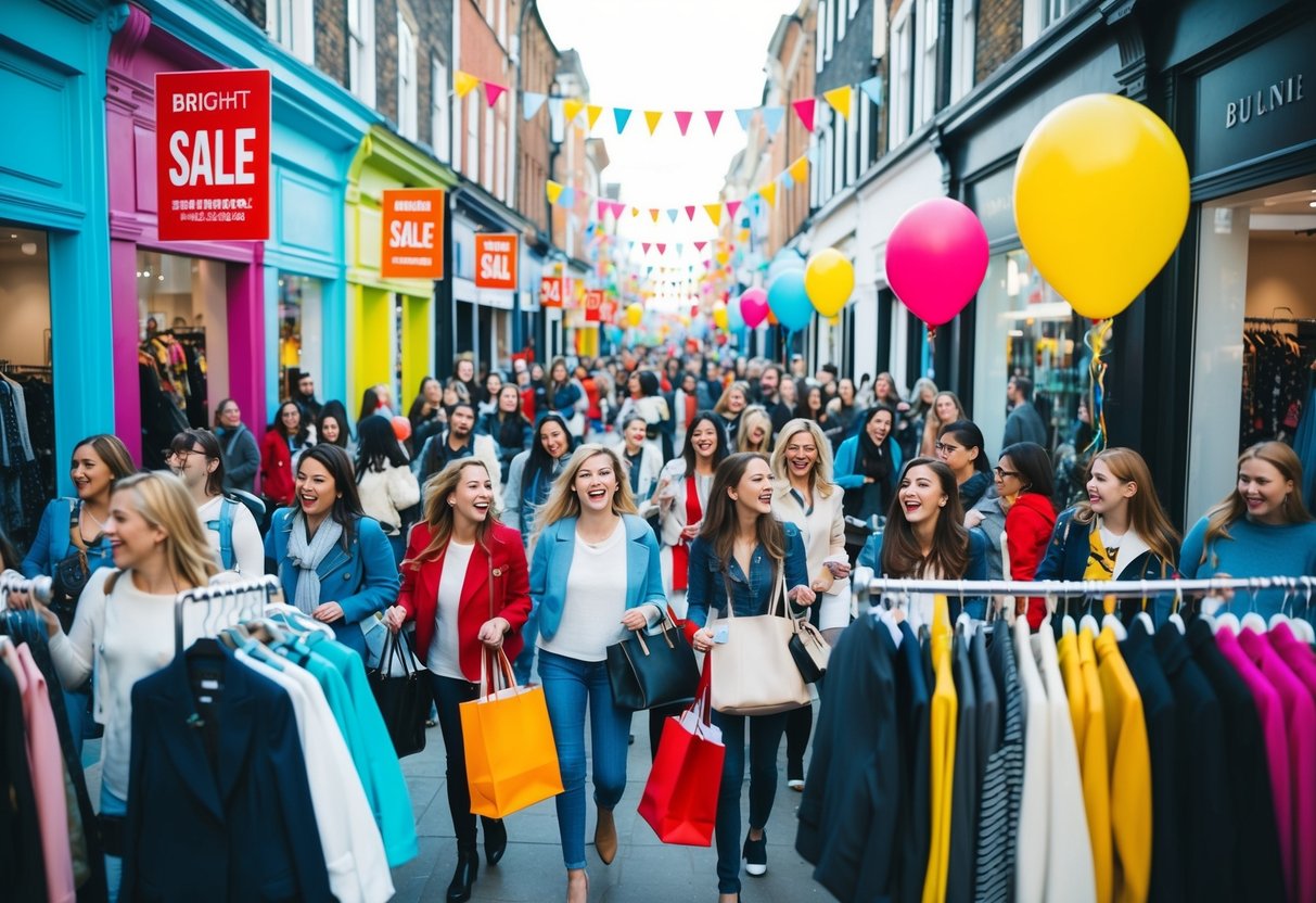 A bustling street with colorful storefronts, crowded with shoppers carrying bags and excitedly browsing through racks of clothing. Bright "Sale" signs and balloons decorate the store fronts