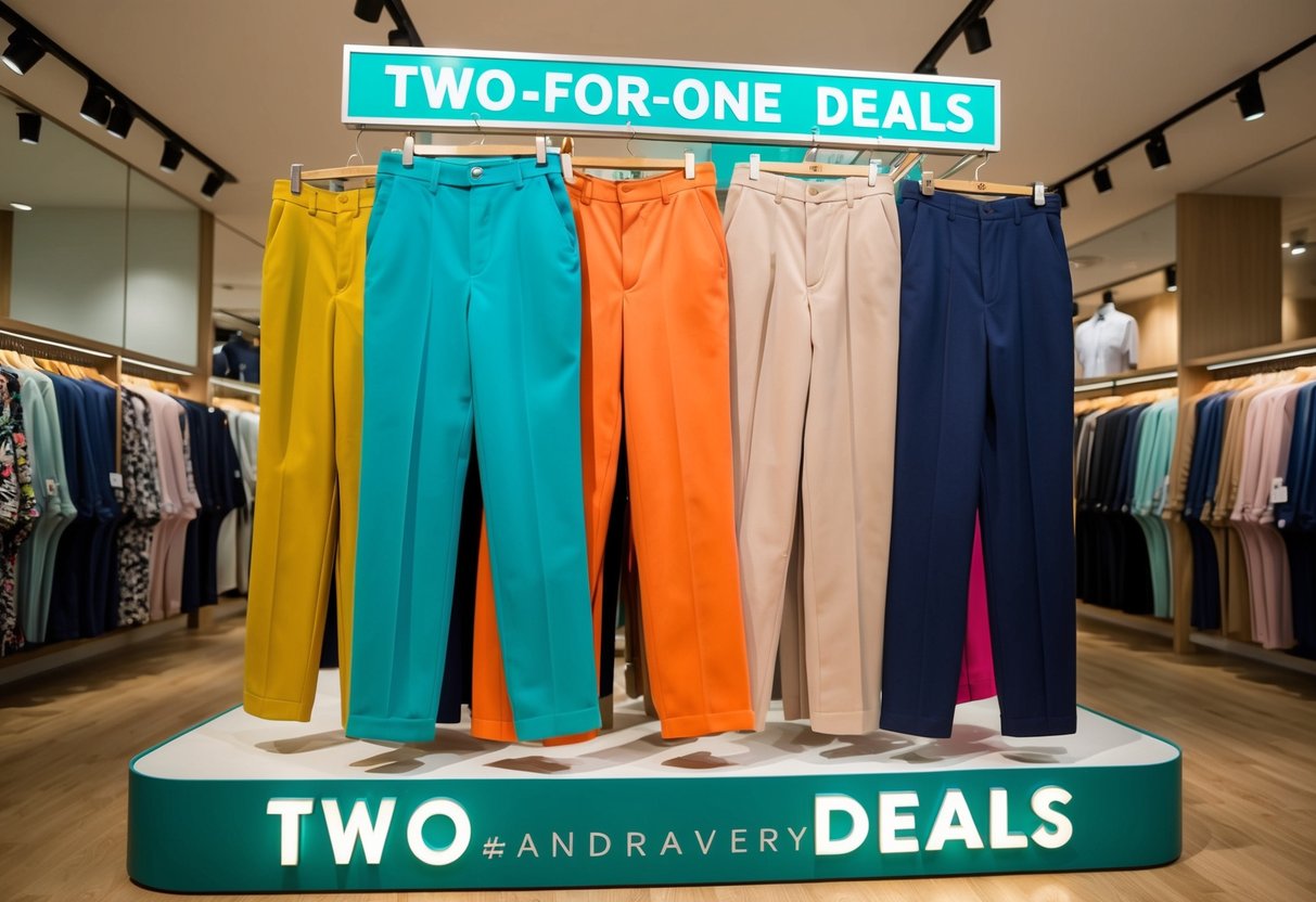 A colorful display of trousers with "Two-for-One Deals" signage at Loveandbravery store in Singapore
