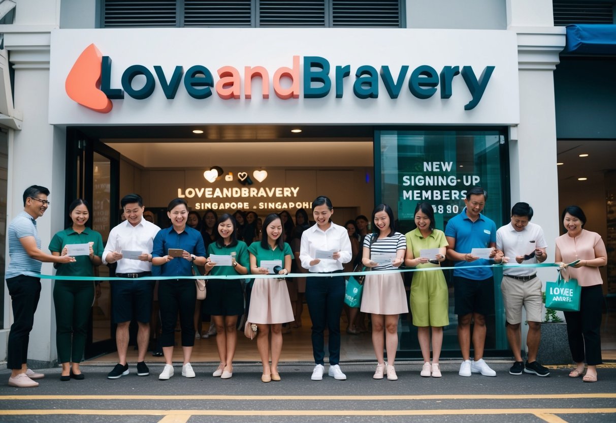 A group of people lining up outside the loveandbravery store in Singapore, excitedly signing up for membership to receive the new sign-up discount
