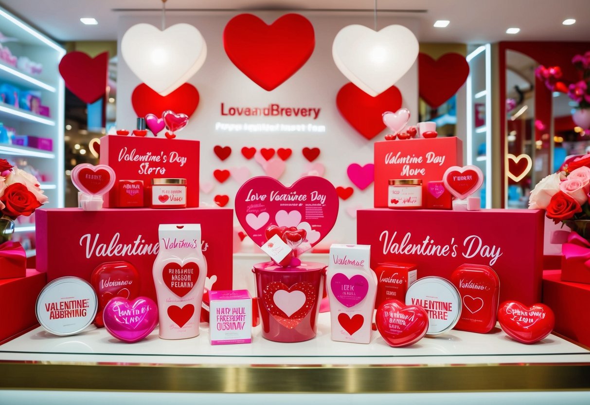 A vibrant display of Valentine's Day products at loveandbravery store in Singapore, featuring romantic themes and bold colors