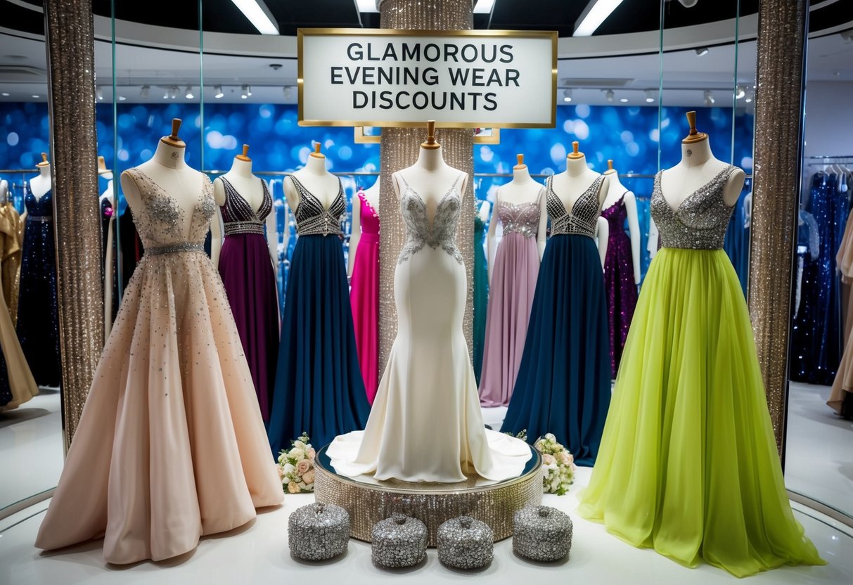 Mannequins in elegant evening gowns on display, surrounded by glittering accessories, with "Glamorous Evening Wear Discounts" signage