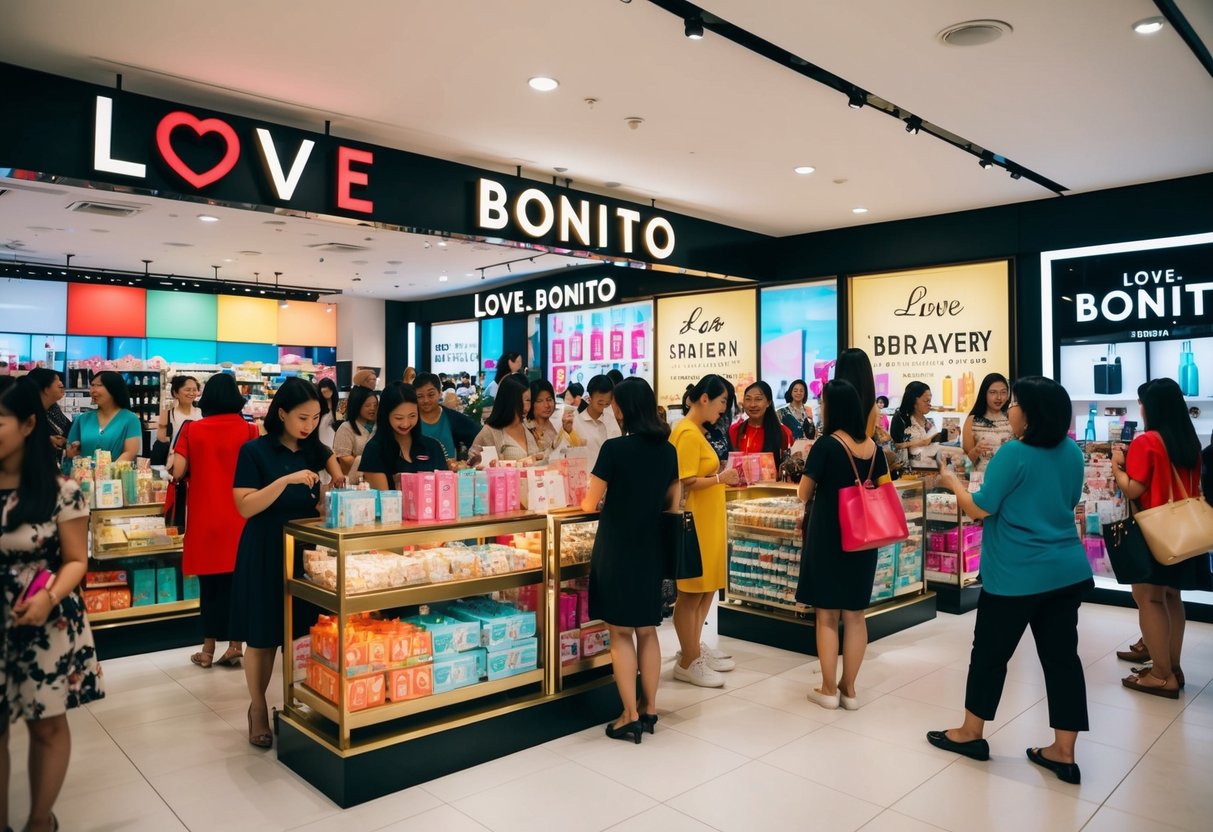 A bustling Love, Bonito store in Singapore, with vibrant displays and a crowd of shoppers browsing the latest promotion from Love and Bravery