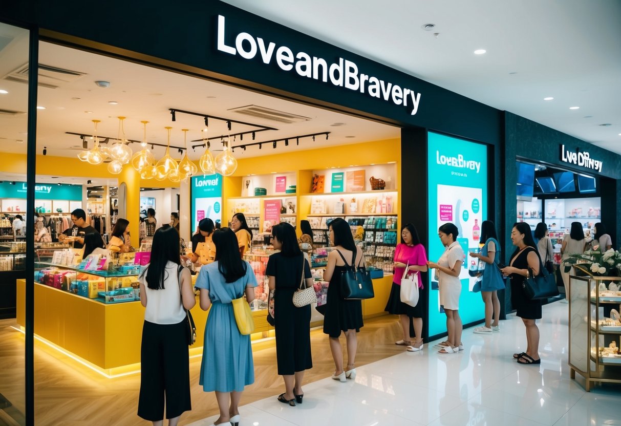The loveandbravery store in Singapore is bustling with shoppers exploring the latest promotions and displays. Bright lights and trendy decor create a vibrant in-store experience