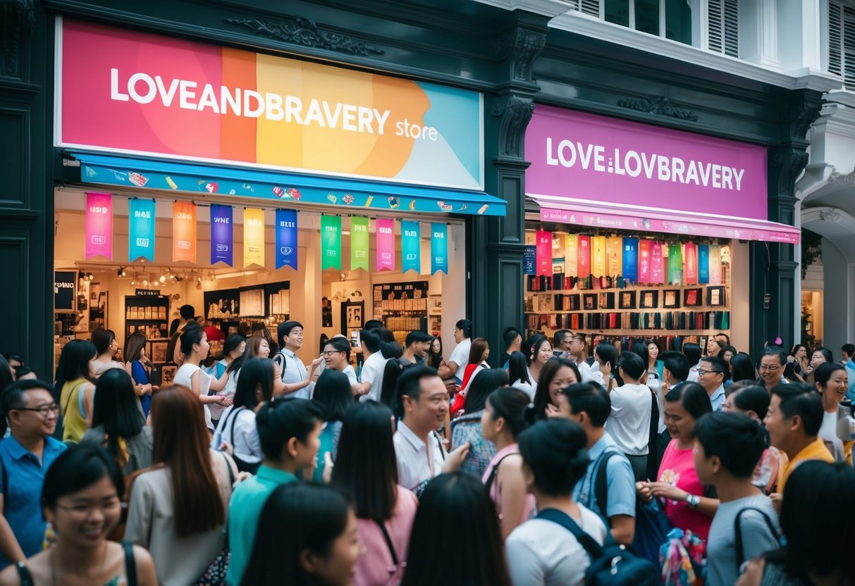 A bustling street in Singapore, with a vibrant storefront adorned with colorful banners and a crowd of shoppers enjoying a promotional event at the loveandbravery store