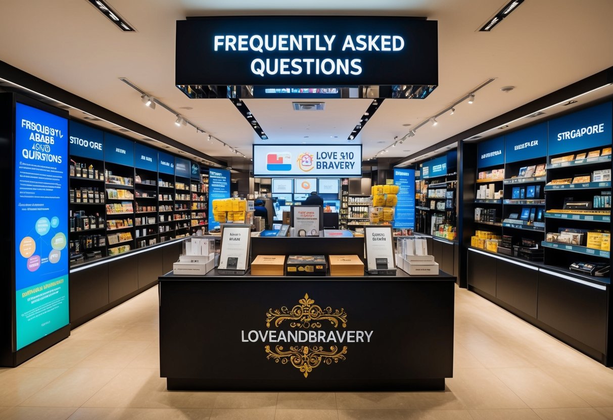 A bustling store in Singapore with a prominent "Frequently Asked Questions" display and a vibrant promotion banner for loveandbravery