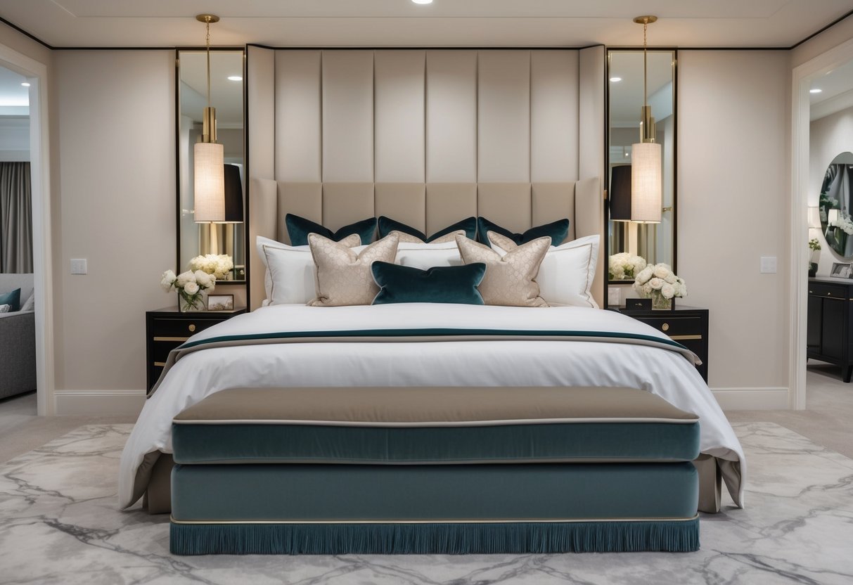 A luxurious queen size bed surrounded by soft pillows and draped with elegant bedding, set in a spacious and inviting bedroom