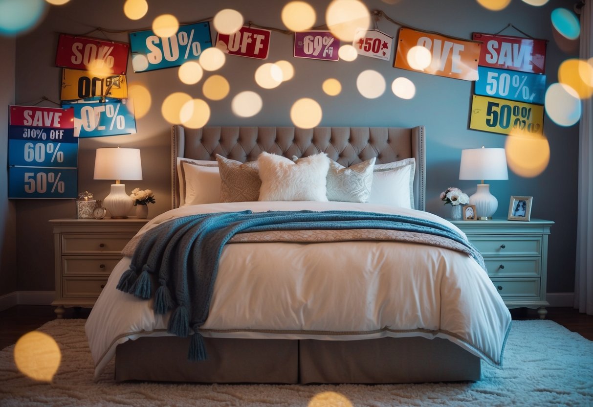 A cozy bedroom with a queen size bed adorned with luxurious bedding, surrounded by colorful discount signs and a dreamy atmosphere