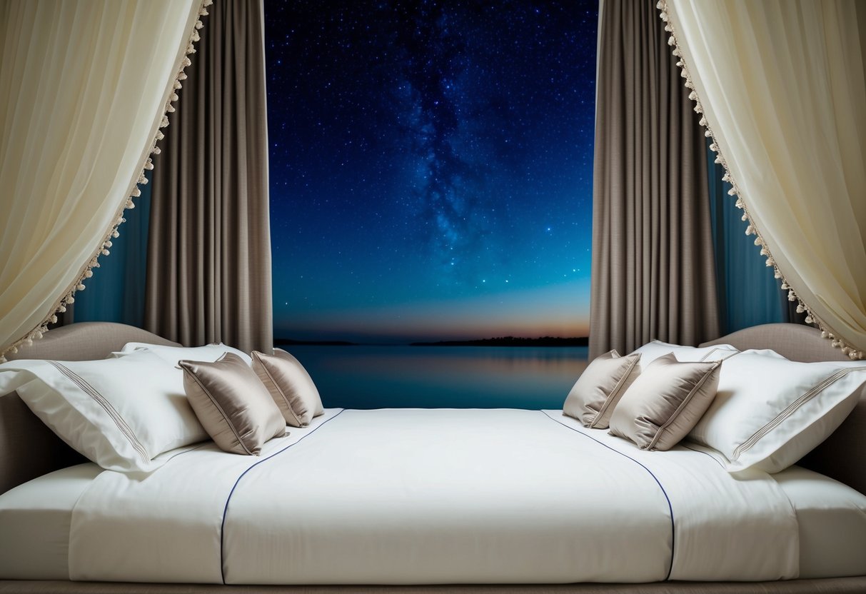 A luxurious queen size bed surrounded by soft pillows and draped with elegant linens, set against a backdrop of a tranquil, starry night sky