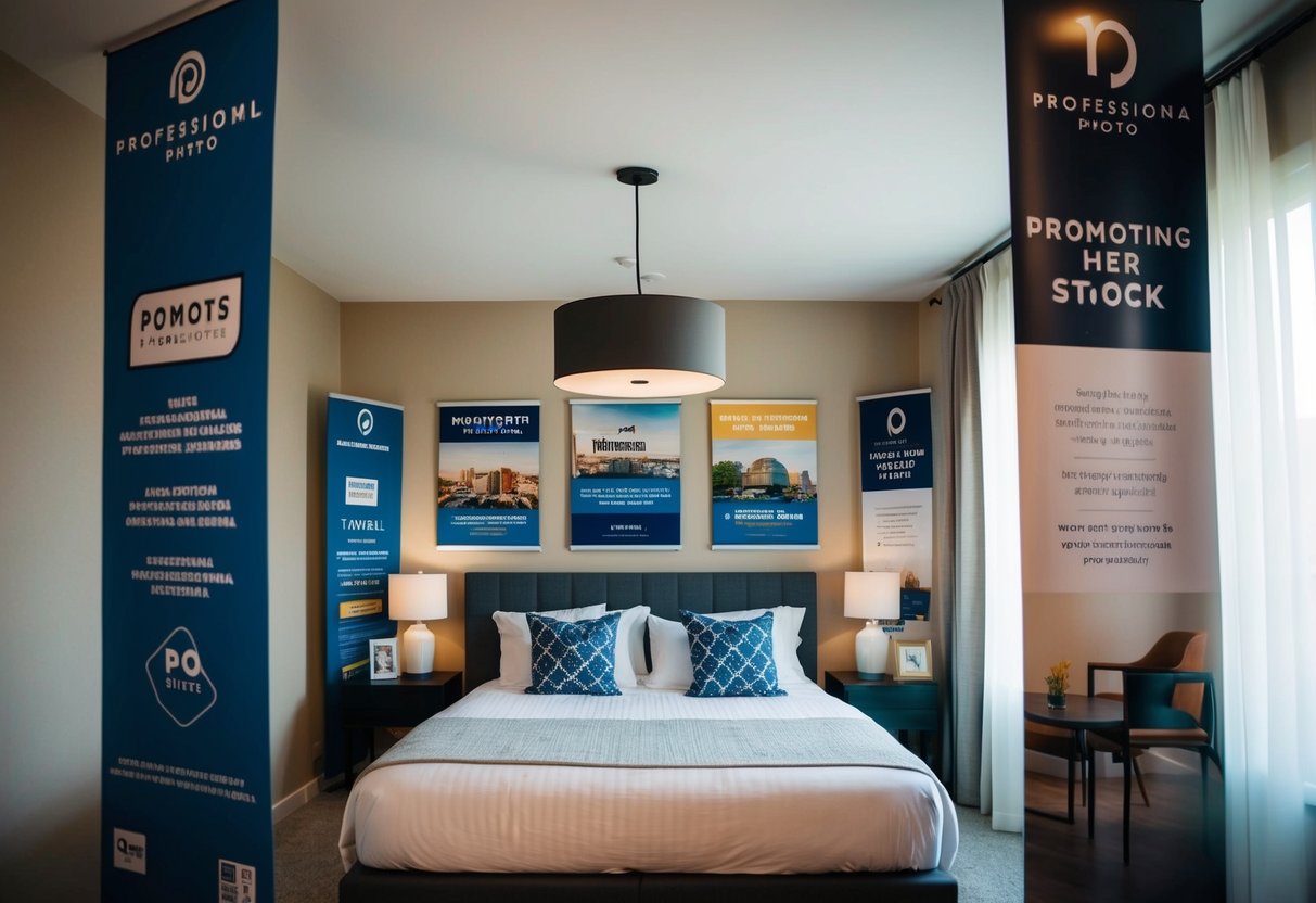 A cozy bedroom with a queen size bed surrounded by promotional banners and signs