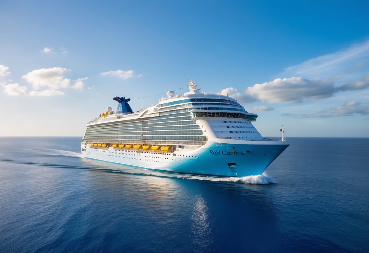 A luxurious cruise ship sailing on crystal blue waters under a clear sky, with colorful banners promoting Royal Caribbean's special offers