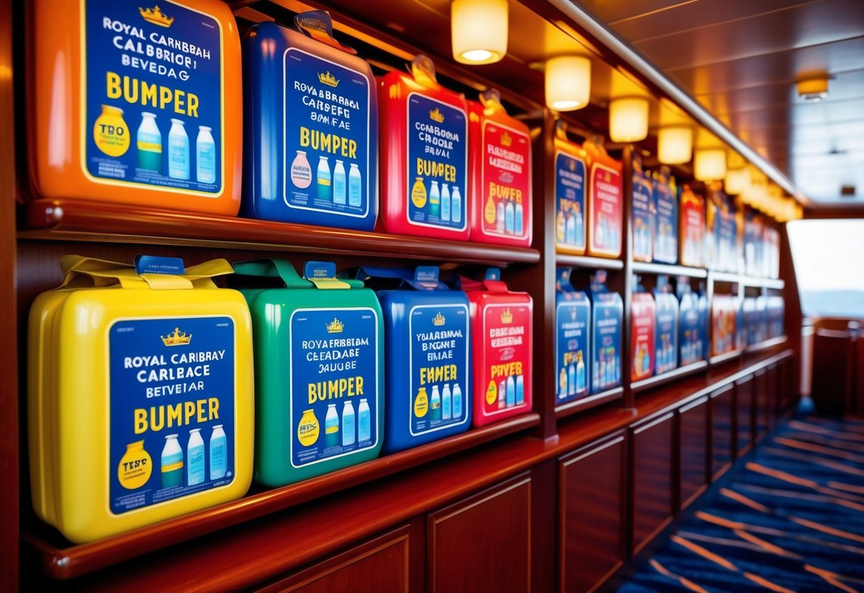 A colorful display of Bumper Beverage Package promotions on a Royal Caribbean cruise ship