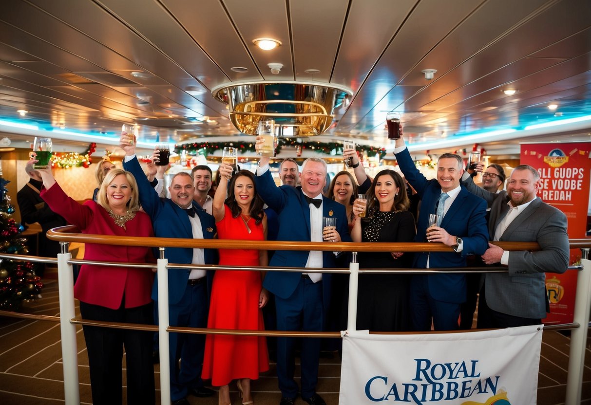 A group of people cheer and raise their glasses on a Royal Caribbean cruise ship, surrounded by festive decorations and promotional banners