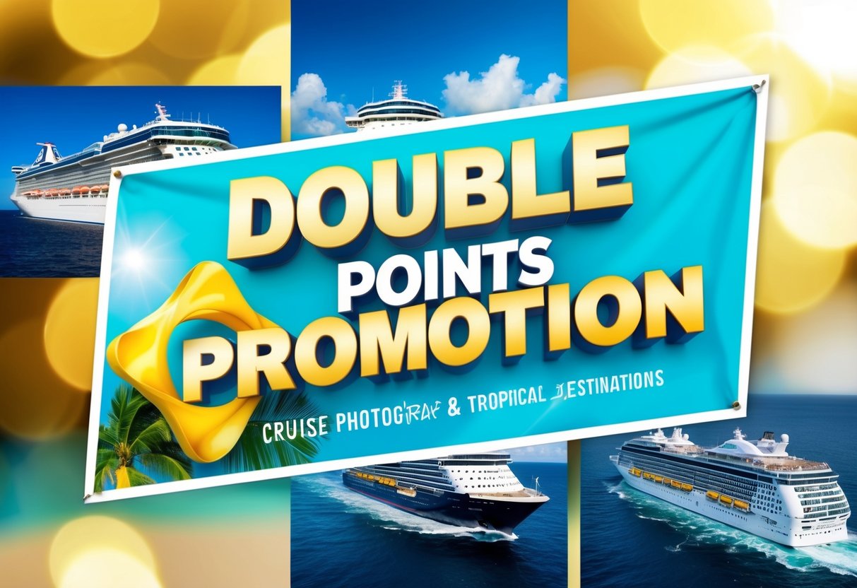A colorful banner with the words "Double Points Promotion" displayed prominently, surrounded by images of cruise ships and tropical destinations