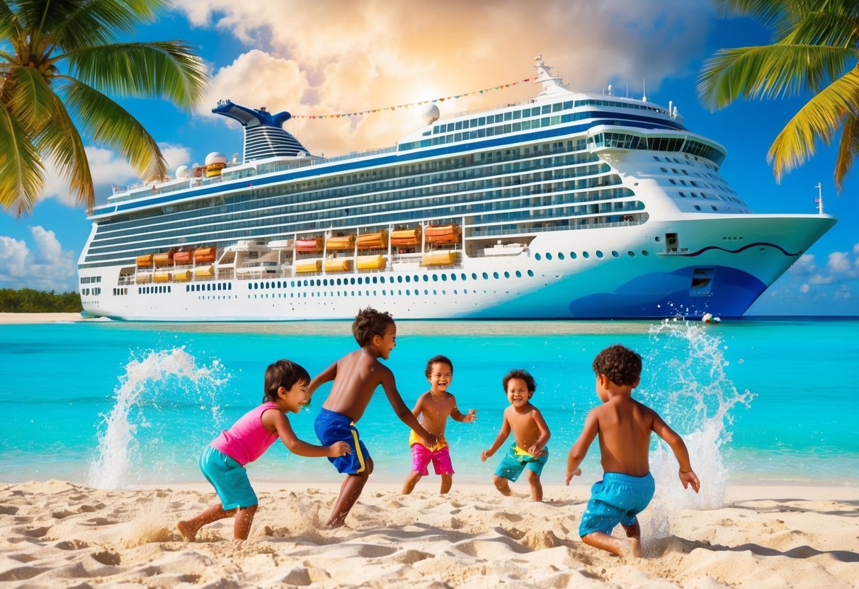 A vibrant, tropical beach with a colorful cruise ship in the background, surrounded by happy children playing in the sand and splashing in the crystal-clear water