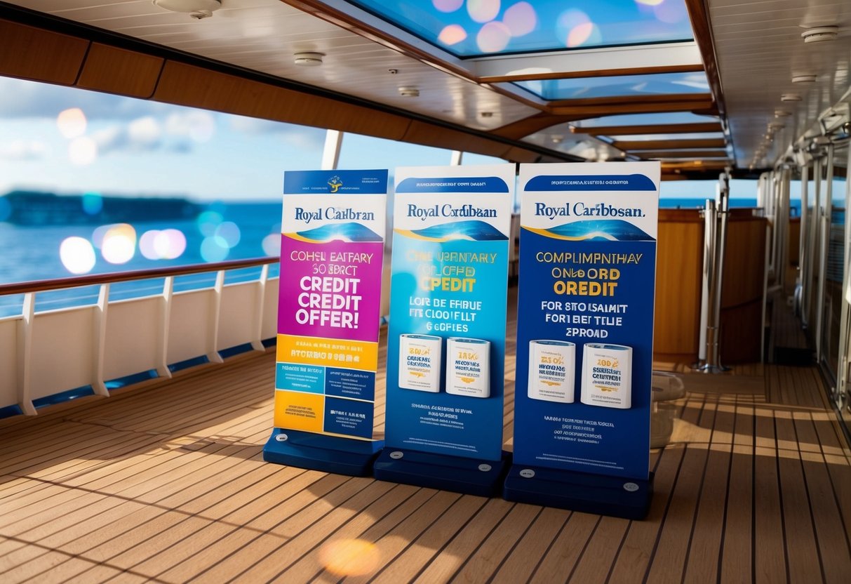 A cruise ship deck with a vibrant display of promotional materials for Royal Caribbean's complimentary onboard credit offer