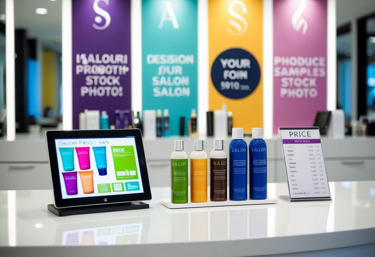 A salon promotion display featuring colorful banners, product samples, and a price list on a sleek, modern counter