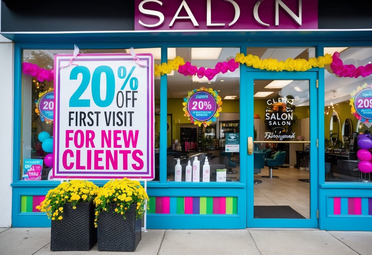A colorful salon storefront with a large sign advertising "20% Off First Visit for New Clients" and vibrant decorations to attract attention