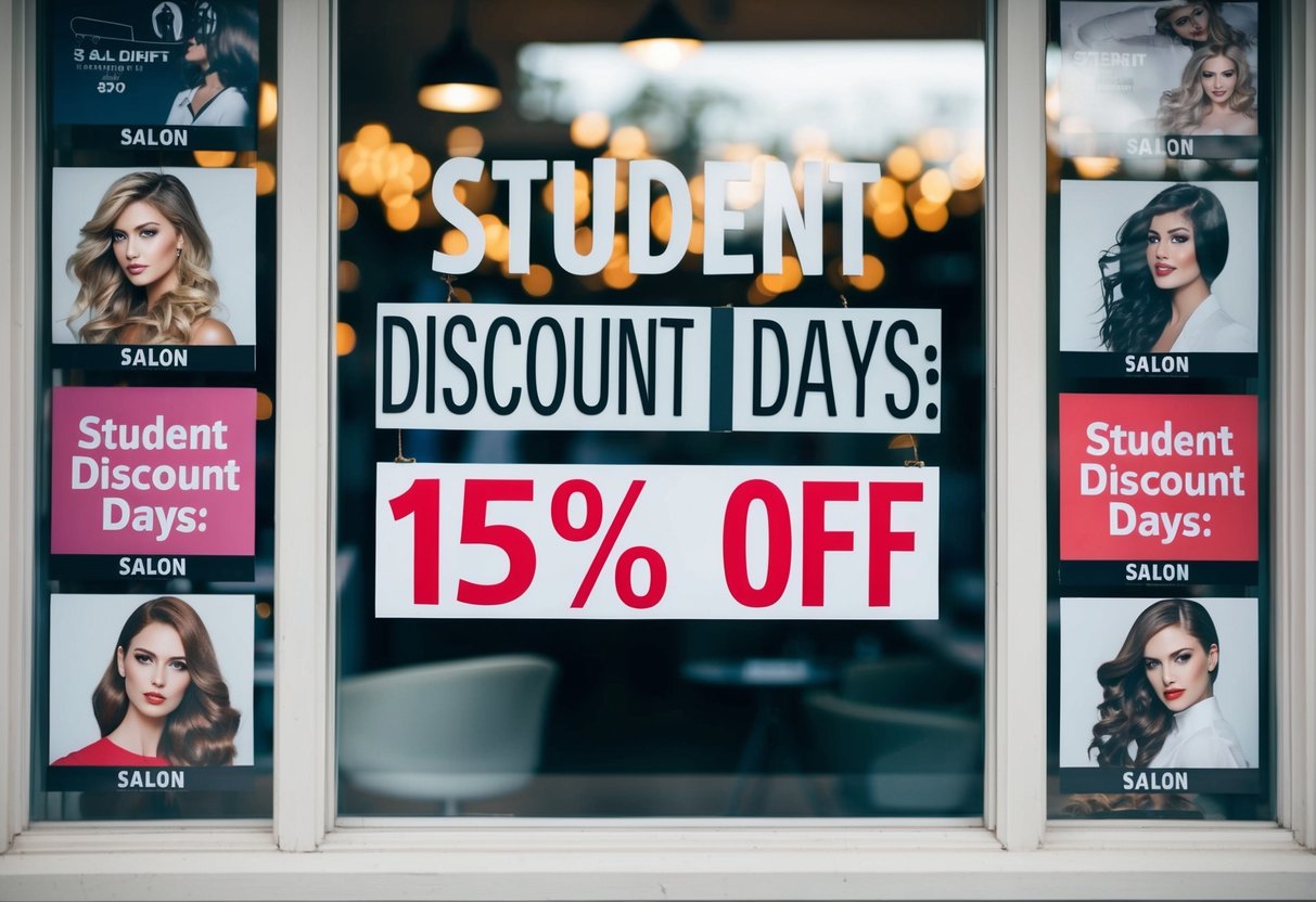 A salon with a "Student Discount Days: 15% Off" sign displayed prominently in the window, surrounded by images of various salon promotions